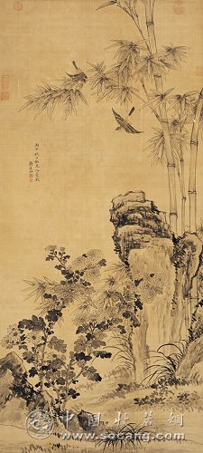 蒋廷锡  明  《工笔花鸟》 水墨绢本  立轴  130×59cm. 约6.